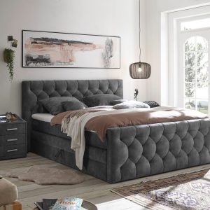 CASHFIELD boxspring ágy 160 × 200 cm – antracitszürke mikrovelúr, ágyneműtartóval, 7 zónás H3 táskarugós matraccal és 6 cm-es topperrel