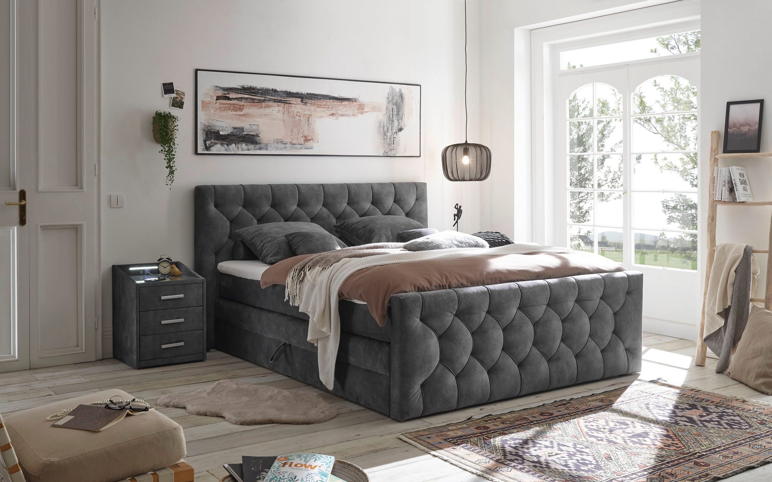 CASHFIELD boxspring ágy 160 × 200 cm – antracitszürke mikrovelúr, ágyneműtartóval, 7 zónás H3 táskarugós matraccal és 6 cm-es topperrel