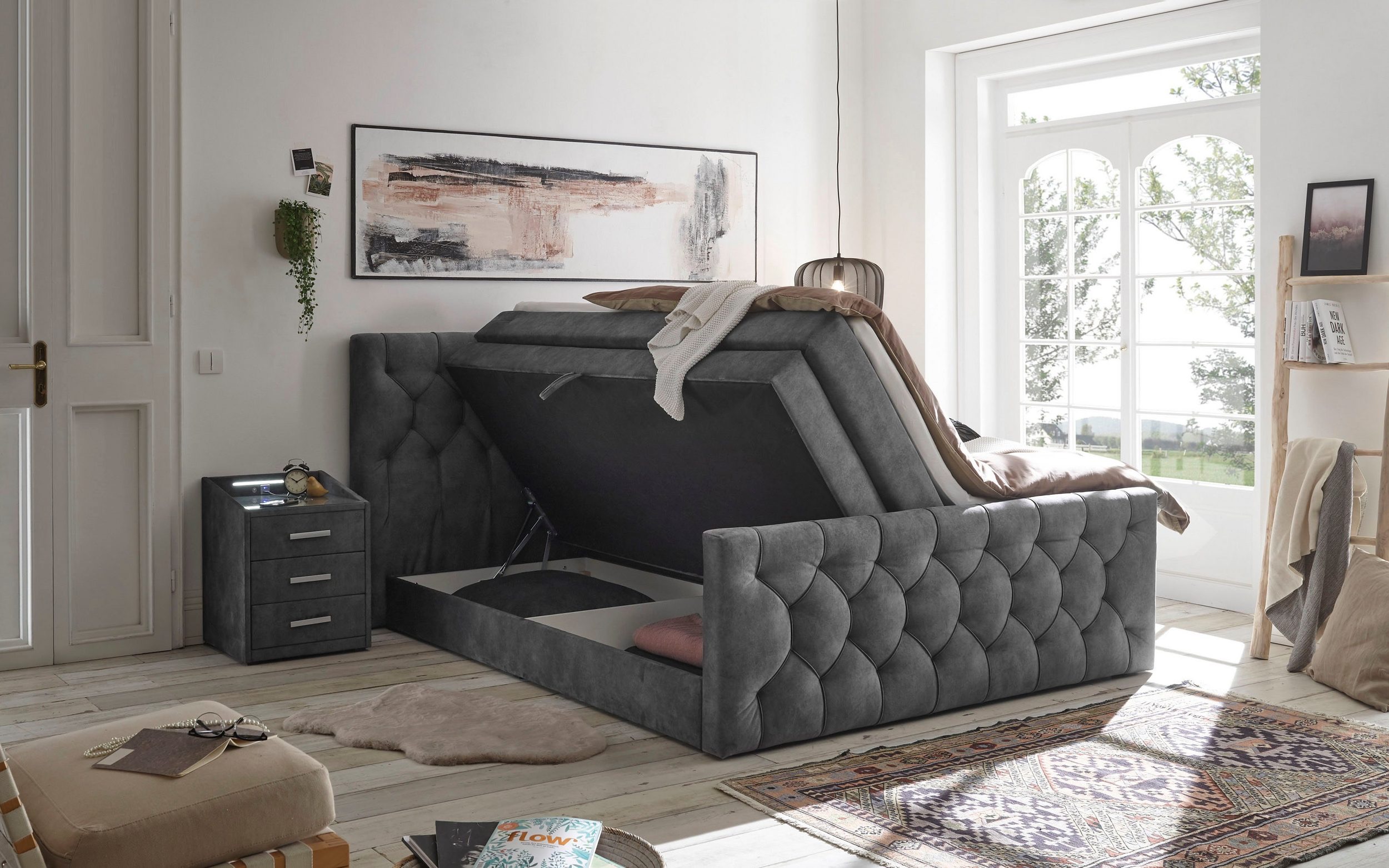 CASHFIELD boxspring ágy 160 × 200 cm – antracitszürke mikrovelúr, ágyneműtartóval, 7 zónás H3 táskarugós matraccal és 6 cm-es topperrel - Image 3