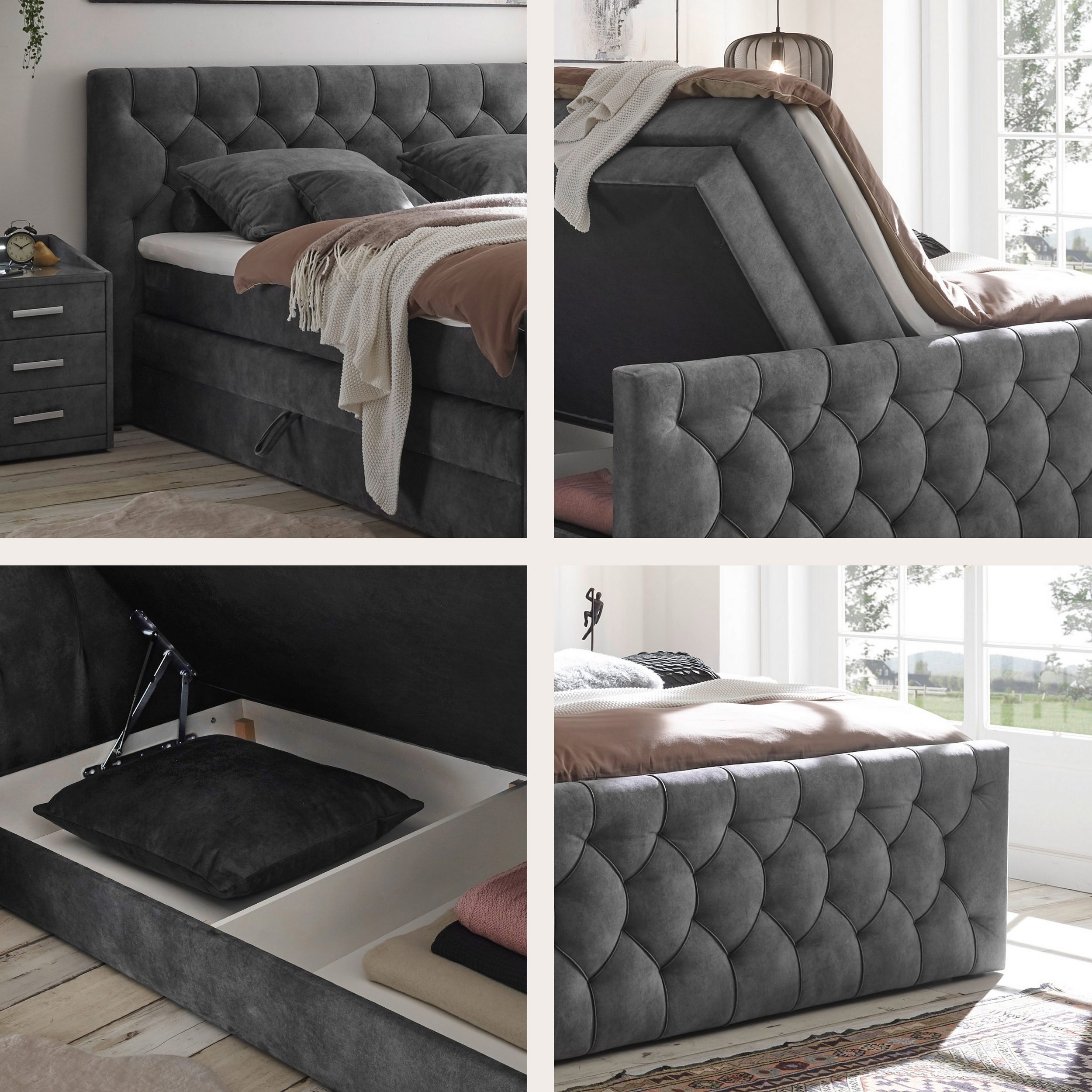 CASHFIELD boxspring ágy 160 × 200 cm – antracitszürke mikrovelúr, ágyneműtartóval, 7 zónás H3 táskarugós matraccal és 6 cm-es topperrel - Image 4