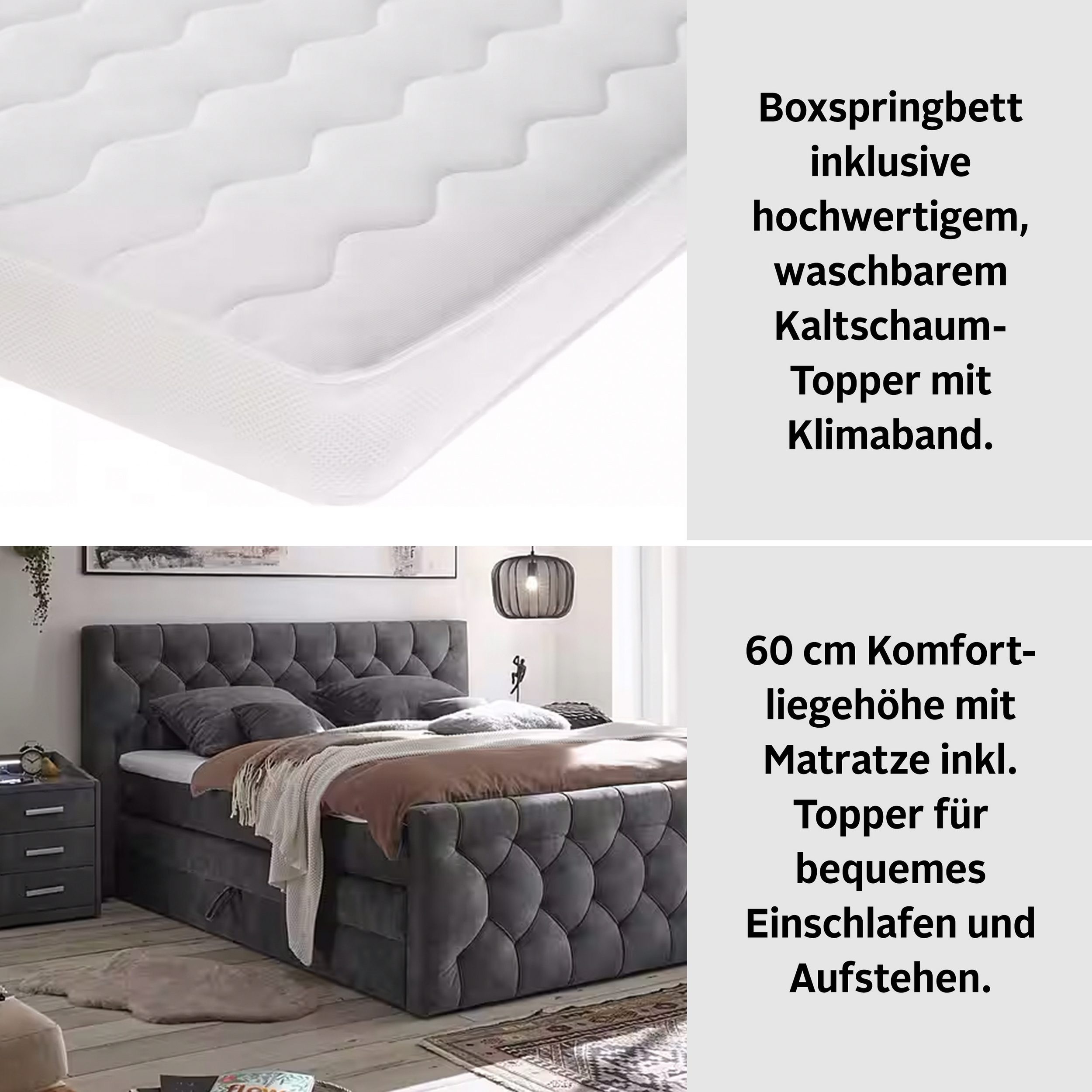 CASHFIELD boxspring ágy 160 × 200 cm – antracitszürke mikrovelúr, ágyneműtartóval, 7 zónás H3 táskarugós matraccal és 6 cm-es topperrel - Image 5