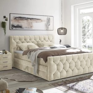 CASHFIELD boxspring ágy 160 × 200 cm – bézs mikrovelúr kárpittal, ágyneműtartóval, 7 zónás H3 táskarugós matraccal és 6 cm-es topperrel