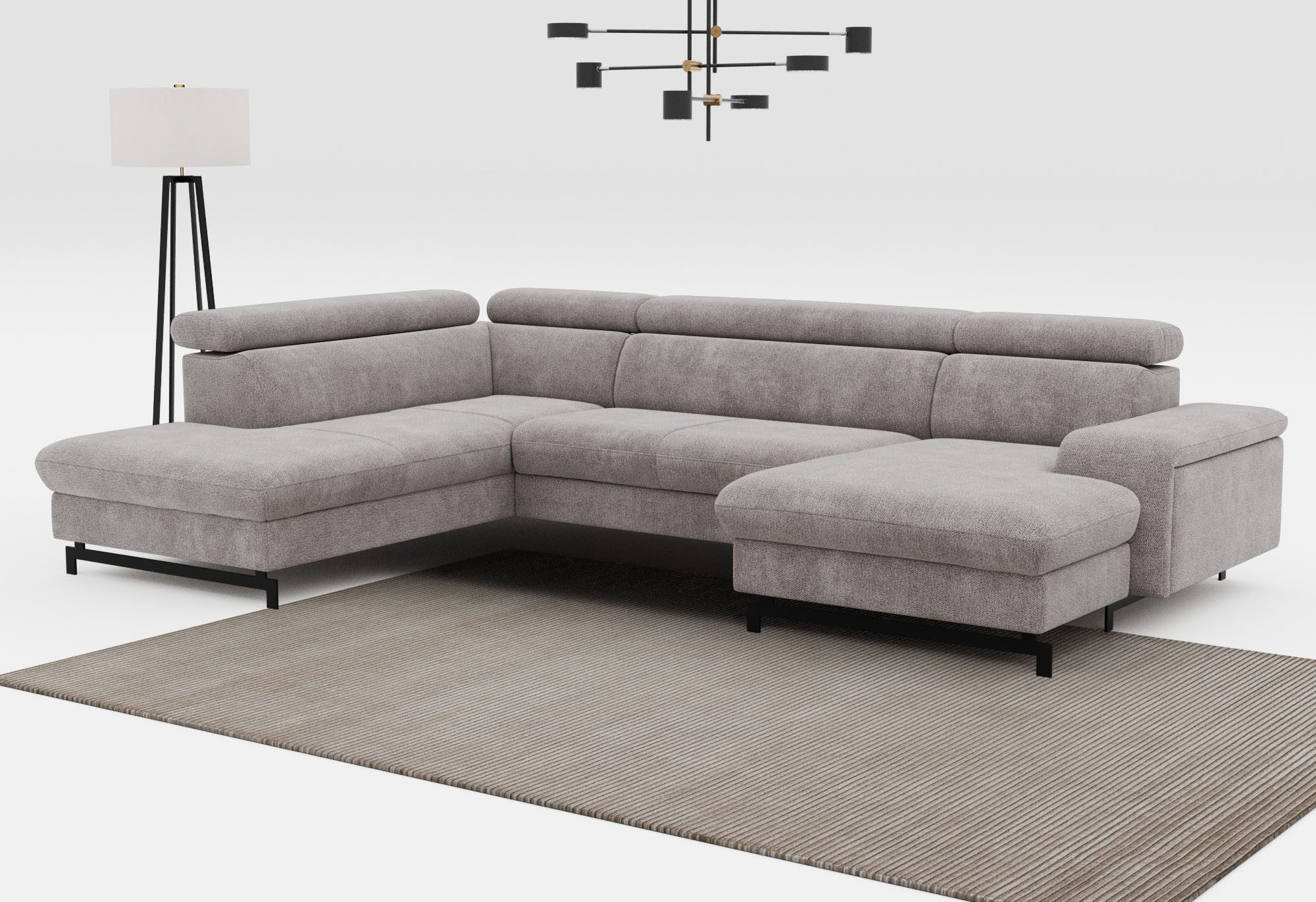 COTTA Emma U alakú sarokkanapé – ágyazható, ágyneműtartós, állítható fejtámlákkal, taupe színben 215 X 328 X 165 cm